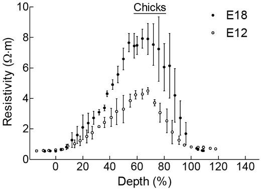 Mean resistivity (±SD) vs. percentage depth profile of five chick embryo retina samples of which three are extracted from E18 and two from E12. E18 have a higher peak mean resistivity than the E12 chick trials.