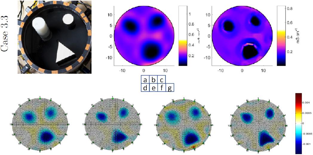 Reconstructions for open data. (a)(b)(c) case3.3 actual photograph with reconstructed images in open EIT data. (d)(e) Reconstructed images without and with DeTER using NOSER prior. (f)(g) Reconstructed images without and with DeTER using Tikhonov prior.