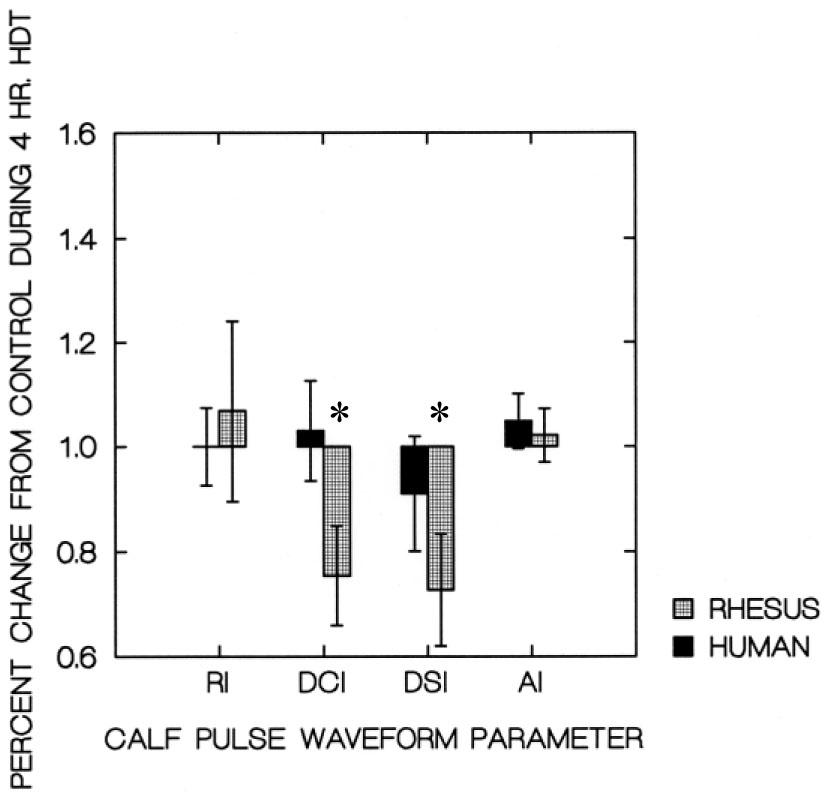 Calf Waveform parameters at 4 hr HDT. * Significantly different (P<0.05) than similar segment of human subjects.