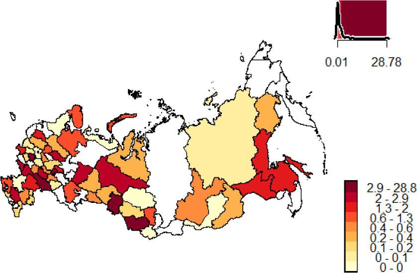 Distribution of data by subjects of the Russian Federation as a percentage of the total volume of analyzed data.
