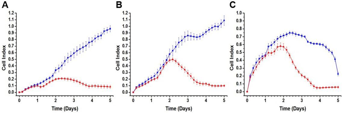 Cell Index vs. time for LUHMES cells: Initial cell density (cells/cm2) A) 30,000; B) 60,000; C) 120,000. Proliferating (blue) and differentiating (red) cells. Time in days after cell seeding. (Error bars: s.e.m., n = 6).