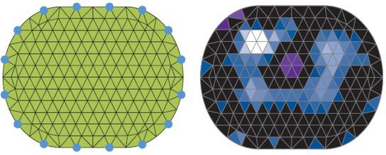 FEM reconstruction, Left: 2D mesh with 340 finite elements for 16 surface electrodes. Right: FEM-based reconstruction of the bioimpedance distribution.