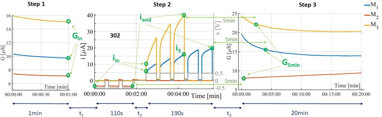 Results of one whole recording of test subject “A” before exercise. Parameterization and durations are visualized. The initial conductance was measured for around one minute in step 1. In step 2, DC voltage pulses were applied to change the conductance of the skin (non-linear measurements). The procedure was different for the two different numbers (302 and 123); this example shows the procedure for number 302. An example measurement for 123 can be seen in Fig. 3. In step 3, the AC conductance was measured for 20 minutes. The start of each measurement was done manually within the software and thus the durations t1, t2, and t3 between measurements varied slightly among the test sessions. The initial conductance, here defined as the last conductance value within step 1 is labeled as Gin. Within step 2, iin and iend are the current values at the beginning and the end of each DC voltage pulse series. For the further analysis, the conductance values at specific times (3, 5, 10, 15, and 20 minutes) related to the time of the last DC pulse (which is different for each electrode) were used. In the plot to the right (step 3), only the conductance values at minute five, G5min, are indicated.
