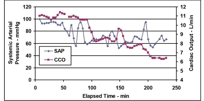 Systemic arterial pressure (SAP) and continuous cardiac output (CCO) vs. elapsed time.