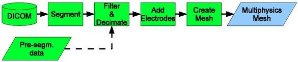 Overview over the segmentation and meshing meshing process. The raw data is coming from a DICOM source such as MRI or CT. As an alternative, one may use pre-segmented data (dashed arrow). This is done using Scan IP+FE, and the output is a mesh usable by Multiphysics.