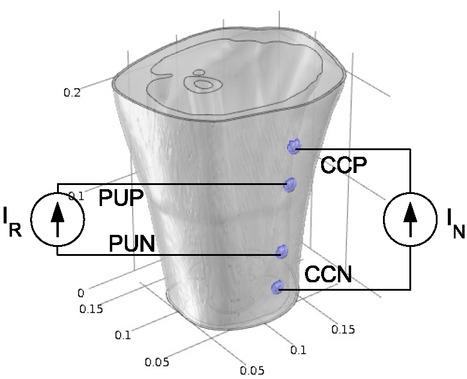 Measurement set-up for exploring the principle of reciprocity. This set-up has current stimuli on both outer and inner electrode pairs. This set-up is not used for direct measurements.