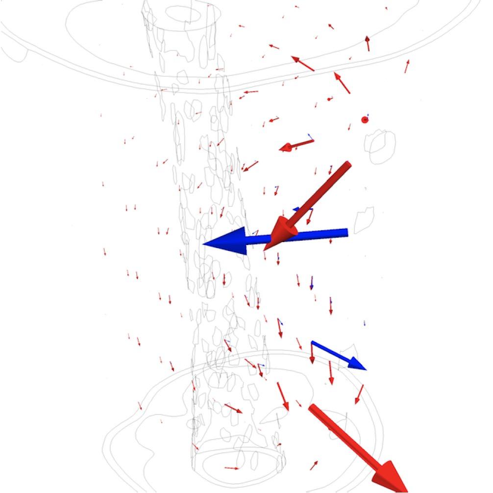 Plot of current densities for normal (red) and reciprocal (blue) currents.