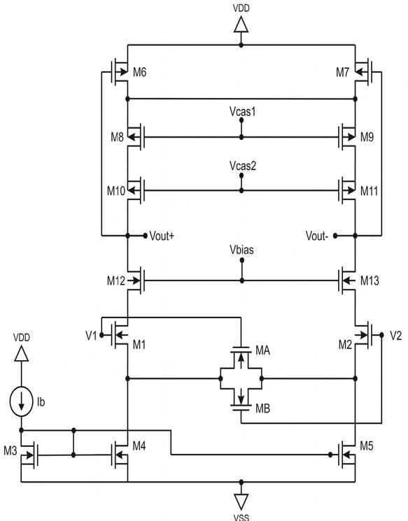 Schematic diagram of the simulated CMOS class-A operational transconductance amplifier (modified from (42)).