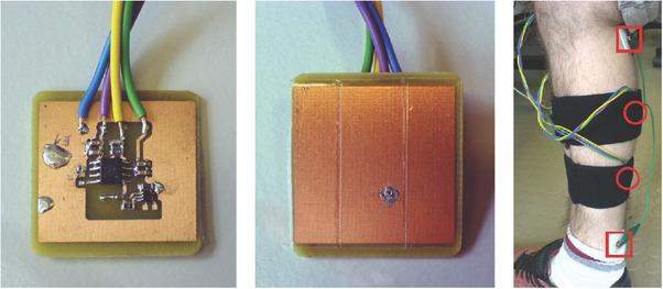 Upper and lower sides of the active electrode and the measuring arrangement. In the right picture the blue circles mark the positions of the outer current electrodes and the red circles mark the position of the measuring electrodes.