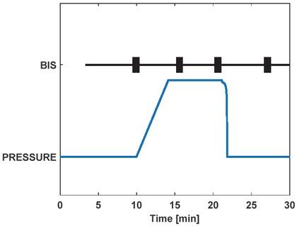 Leg compression and measurement protocol. The blue line is a qualitative representation of the pressure applied to the legs: the up-slope marks the gradual pressure build-up during the inflation of the leg sleeves; the downward step marks the pressure drop in the air chambers as the valves are opened for deflation. The black line represents the continuous BIS measurement, black rectangles indicate the four periods of end-expiratory breath-hold used in the analysis. (BIS = bioimpedance spectroscopy).