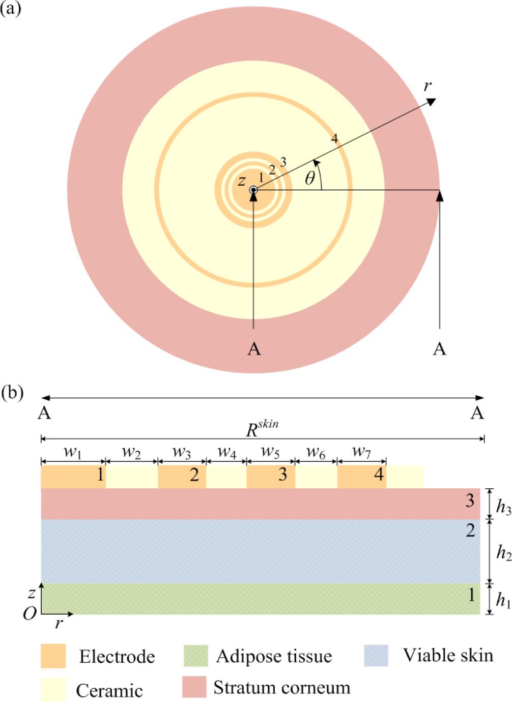 Schematic of a 4-electrode probe and skin modeled as a three-layer entity.