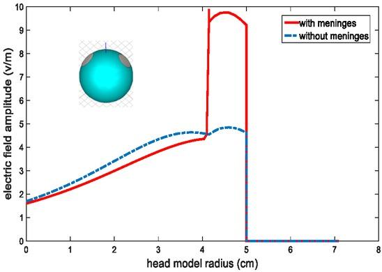 Electric field in the hypothetical line in the bisector of the electrodes from the center to the skin in the two models.