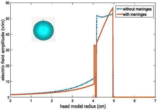Electric field in the hypothetical line from the center of the head model to the center of the anode electrode.
