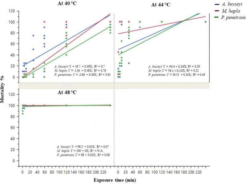 Mortality percentage of three nematode species (Aphelenchoides besseyi, Pratylenchus penetrans and Meloidogyne hapla; n = 20) 24 hr after heat treatment at temperatures 40, 44, and 48°C for various exposure times. Data were combined over two experiments and are means of six replications.