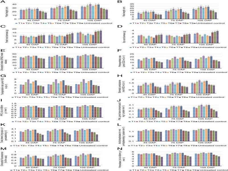 Influence of different plant growth regulators in guava infected by M. enterolobii at 45, 75, and 105 days after planting. A. Plant height, B. Root length, C. Fresh root biomass, D. Dry root biomass, E. Chlorophyll index, F. Photosynthetic rate, G. Transpiration rate, H. Stomatal conductance, I. Chlorophyll fluorescence, J. Peroxidase, K. Polyphenol oxidase, L. Phenylalanine ammonia lyase, M. Total phenols, N. Acid phosphatase.