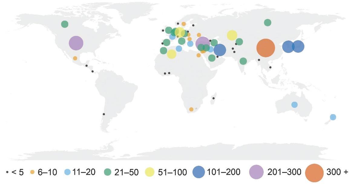 Geographic origin of 18S, ITS, 28S, and coxI gene sequences analyzed in the present study. The size of the circle reflects the total number of sequences of all markers centered on the country of origin.