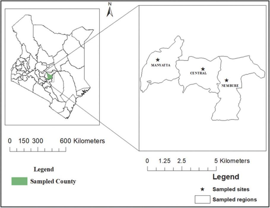 Soil sampling sites at Central, Manyatta, and Nembure regions in Embu County, Kenya.