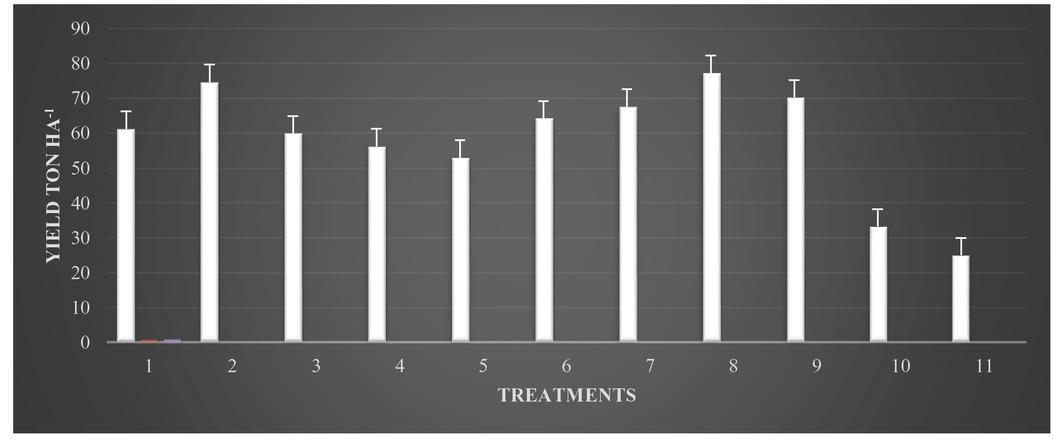 Effects of integrated management approaches on cucumber yield (ton per ha) against root-knot nematode and Fusarium in the second season in polyhouse conditions. Note: 1 = neem cake 200 g/m2 + neem oil seed treatment 20% v/w; 2 = neem cake 200 g/m2 + Purpureocillium lilacinum seed treatment 20 g/kg seed; 3 = neem leaves 200 g/m2 + neem oil seed treatment 20% v/w; 4 = neem leaves 200 g/m2 + P. lilacinum seed treatment 20 g/kg seed; 5 = P. lilacinum soil application 50 g/m2 + neem oil seed treatment 20% v/w; 6 = P. lilacinum soil application 50 g/m2 + P. lilacinum seed treatment 20 g/kg seed; 7 = formalin 250 ml/m2 + P. lilacinum seed treatment 20 g/kg seed; 8 = formalin 250 ml/m2 + neem oil seed treatment 20%v/w; 9 = carbofuran 10 g/m2; 10 = bavistin 2 g/l water; 11 = control (inoculated).