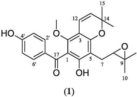 Compound isolated from Vismia guianensis. 8,9-epoxyvismiaphenone F (1).