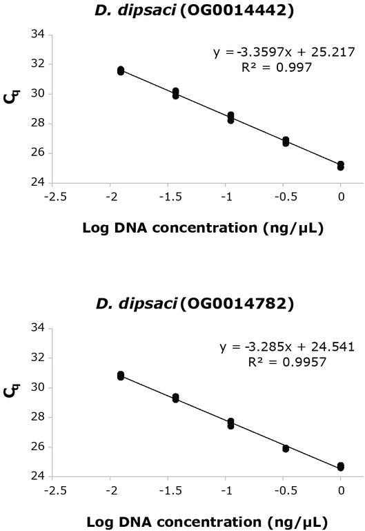 Representative standard curves for Ditylenchus dipsaci primer-probe sets for orthogroups OG0014442 and OG0014782. Average amplification efficiencies (SE) based on three replicate real-time PCR runs were 95.9% (1.88) and 97.0% (2.33), respectively.