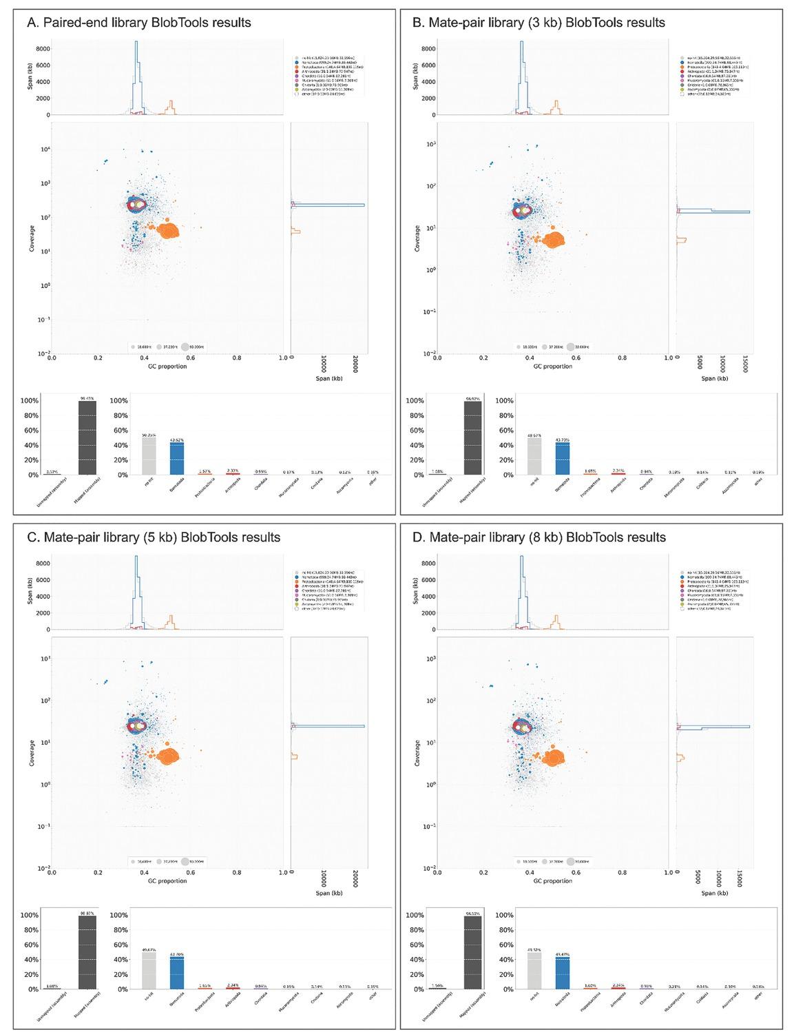 Visualization of the contamination present in the four genomic libraries using BlobTools. The libraries were generally free from contaminants except for a few (<2%) proteobacteria most likely corresponding to the nematode food source (E. coli strain OP50-1).