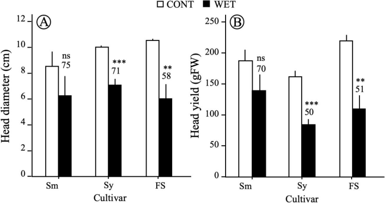 Flower head diameter (A) and head yield (B) of three broccoli cultivars at harvest in the 2021 field experimentSm – ‘Shigemori’, Sy – ‘Sawayutaka’, FS – ‘First Star’; the asterisks (**, ***) within a cultivar indicate significant differences from CONT at the 1% and 0.1% level according to Student's t-test (n = 5), ns – nonsignificant; vertical bars represent standard errors; the number above the standard error shows the percentage compared with CONT of the same cultivar