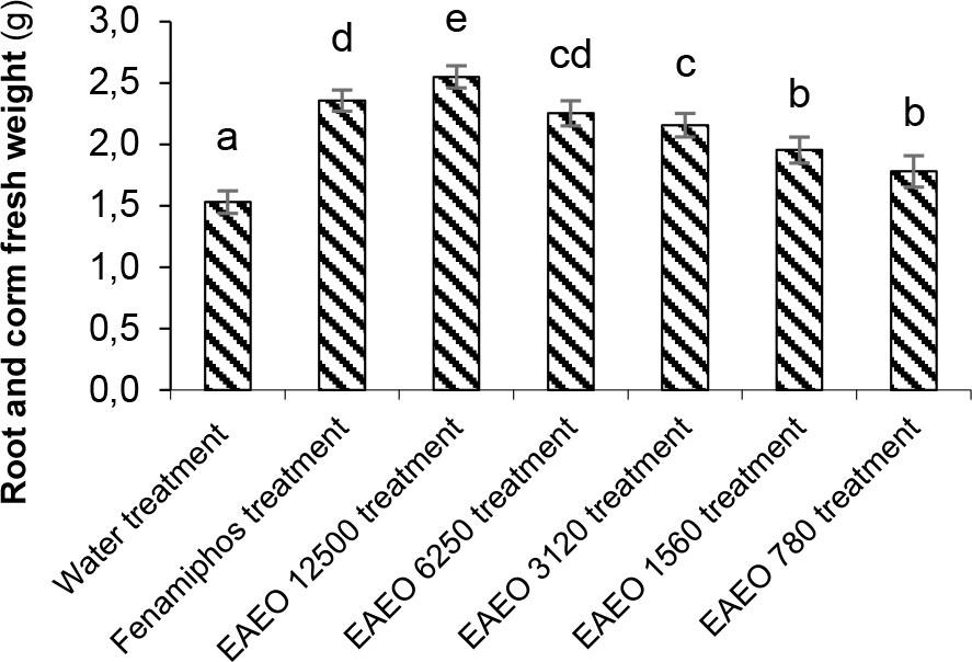 Effects of EAEO compared to fenamiphos and water control on root and corm fresh weight (RCFW)Values are the average of three replicates (mean ± standard deviation) and using Tukey’s HSD test to compare means; Bars with various letters (a, b, c, d, and e) are significantly different (p < 0.05)