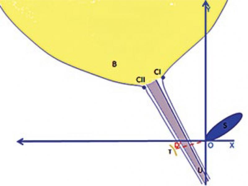 Measurement scheme for the tape-pubic symphysis parameter (D’O). S – pubic symphysis, B – bladder, U – urethra, CI and CII – bladder urethral outlet, T – tape, D’O – tape-pubic symphysis parameter