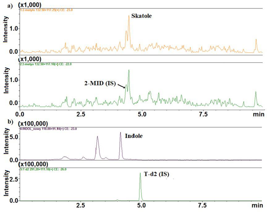 LC-MS/MS chromatograms of oral fluid samples in which were detected: a) skatole at a concentration of 136 μg L−1 (gilts); b) indole with a concentration of 86.1 μg L−1 (SC boars)