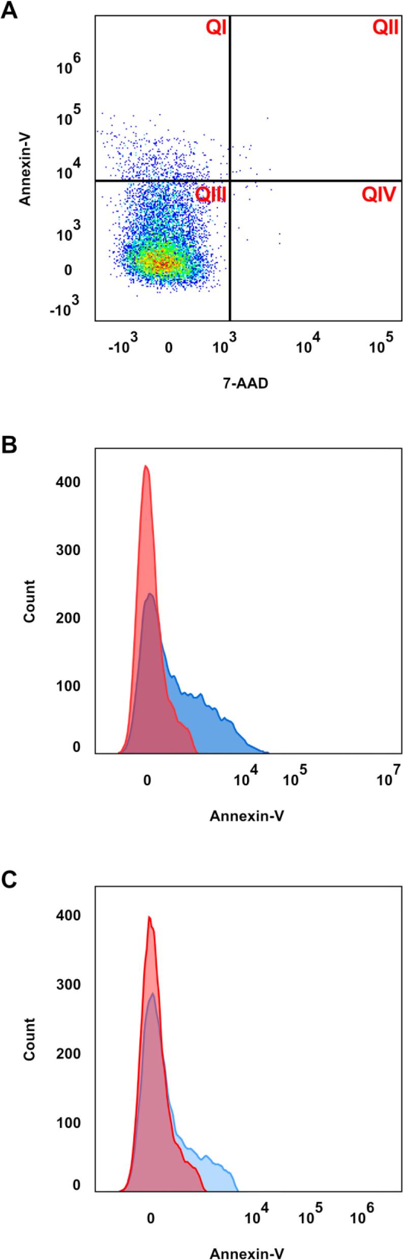 Representative histograms of splenic B IgM+ flow cytometry analyses. A. Density plot of the extracellular staining for B IgM, Annexin V and 7-AAD. Three states of the cells were identified: viable cells, QIII (Annexin V/7-AAD = –/–); early apoptotic cells, QIV (Annexin/7-AAD = +/–); necrotic and late apoptotic cells, QI and QII (Annexin V/7-AAD = –/+ and +/+). B. Representative histogram of the sample with high apoptosis. C. Representative histogram of the sample with low apoptosis. The red color on the part B and C indicates on control cells (stained with anti-B IgM antibodies and 7-AAD), whereas the blue color indicates on apoptotic cells stained additionally with Annexin V