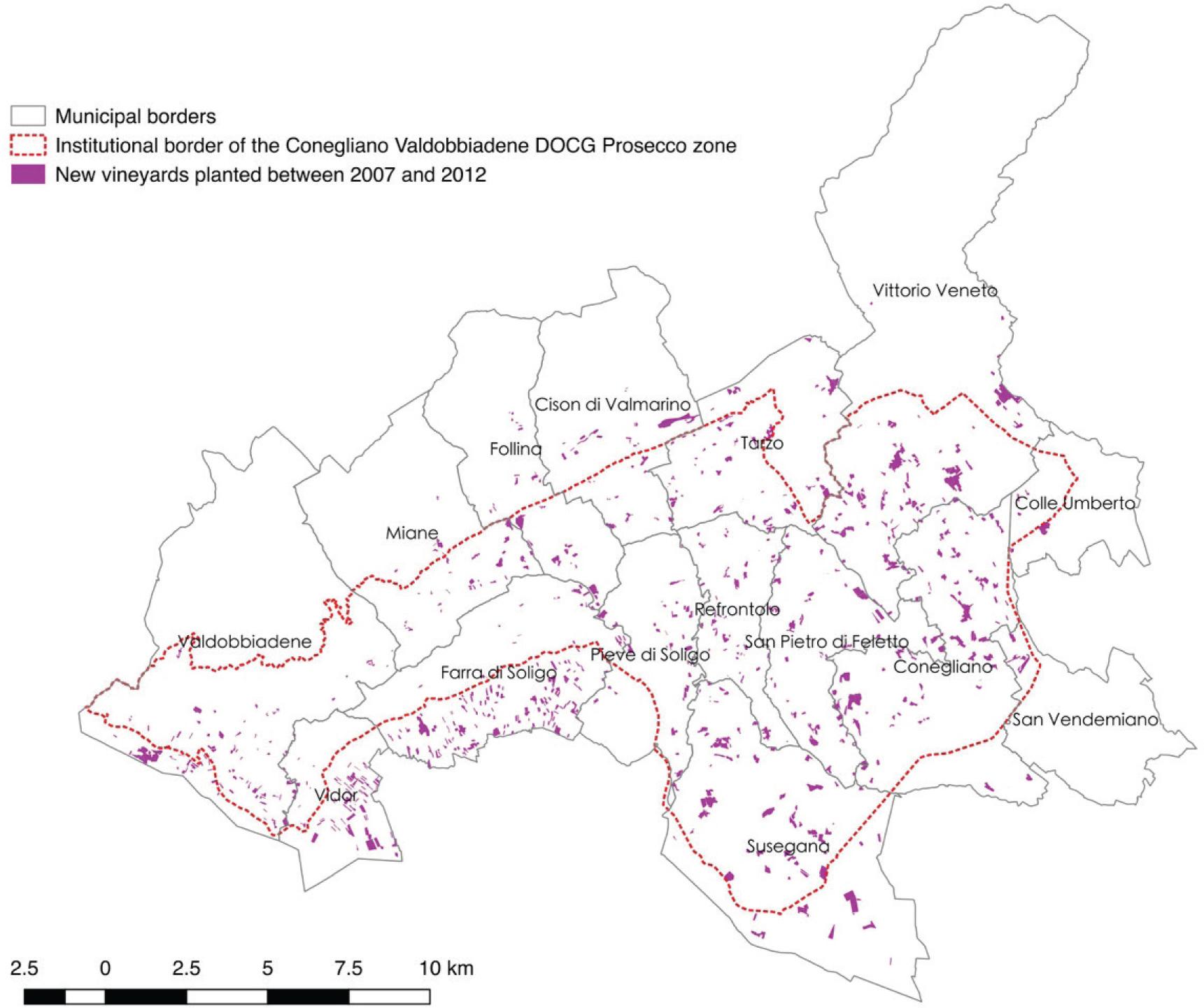 New vineyards planted between 2007 and 2012 – Conegliano Valdobbiadene DOCG Prosecco zone (15 municipalities).Source: author’s elaboration on Veneto Region (2009; 2015)The municipal territory falling outside of the DOCG institutional boundary belongs to the Prosecco DOC zone, which was established in 2009.