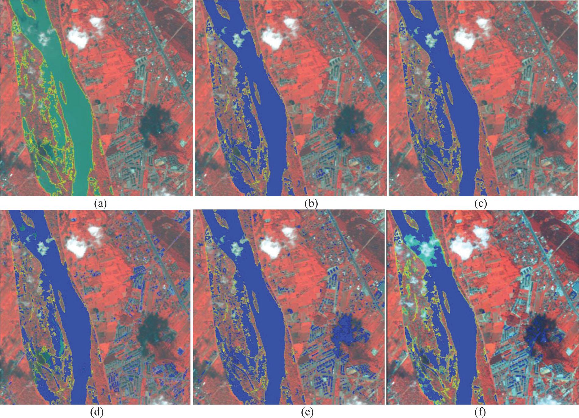 Detection of water bodies based on WorldView-2 (a) data using NDVI (b), SAVI (c), SARVI (d), WV-WI (e) and NDWI (f) - results comparison with reference data (a)Source: Own elaboration based on WorldView-2 data