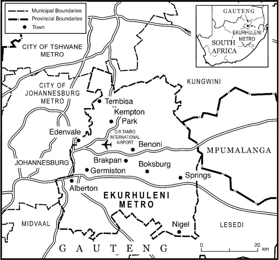Location of O.R. Tambo International Airport and the Ekurhuleni Metropolitan Municipality. Note: (1) Metro is an abbreviation for Metropolitan MunicipalitySource: Author own elaboration.