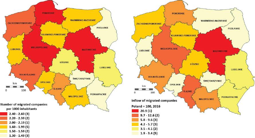 Number of migrated companies per 1,000 inhabitants in 2014. Source: own analysis on the basis of the data from GUS (Central Statistical Office)