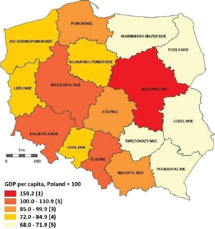 Spatial distribution of companies that, following changes in 2014, had moved to a different gmina by 2016 (“inflow” from inside and outside of voivodeship) (Poland=100). Source: own analysis on the basis of data from GUS (Central Statistical Office)