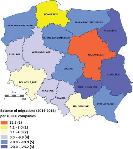 External migration balance per 10,000 business entities (2014–2016). Source: own analysis on the basis of data from GUS (Central Statistical Office)