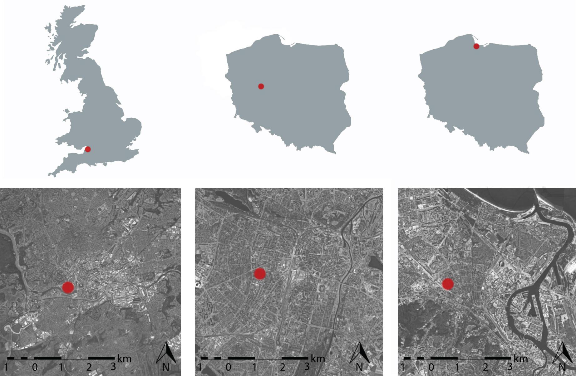 The location of the study areas within the country and the city: 1 – Bristol (UK), Harbourside Development 2 – Poznań (Poland), City Park and Ułańskie Estate, 3 – Gdańsk (Poland), Browar Gdański Estate. Source: own elaboration based on: www.google.com/maps