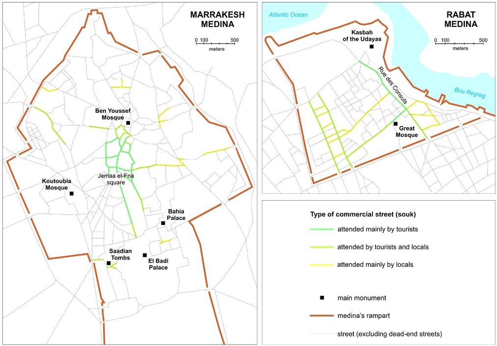 Commercial streets in the Marrakesh and Rabat medinas in 2014Source: own elaboration on the basis of fieldworks undertaken in 2014