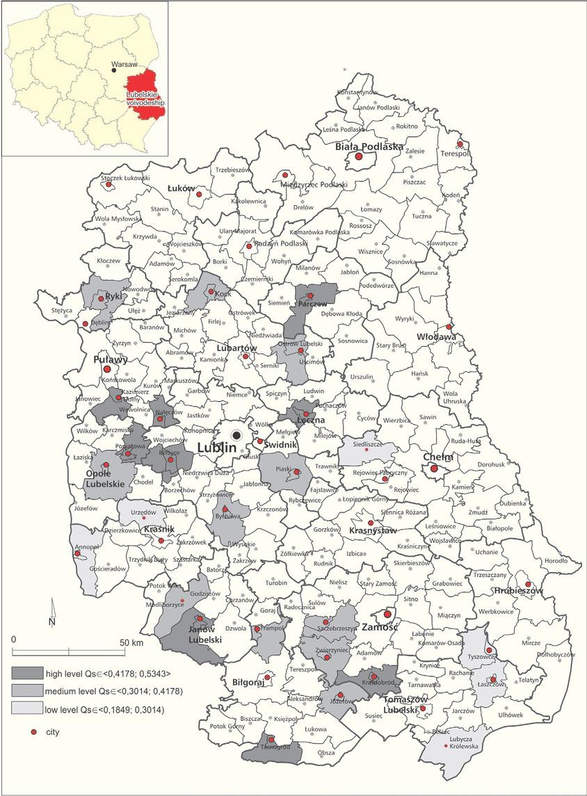 Urban-rural communes in the Lublin Province according to the level of the synthetic indicator of the potential for smart development.Source: own study