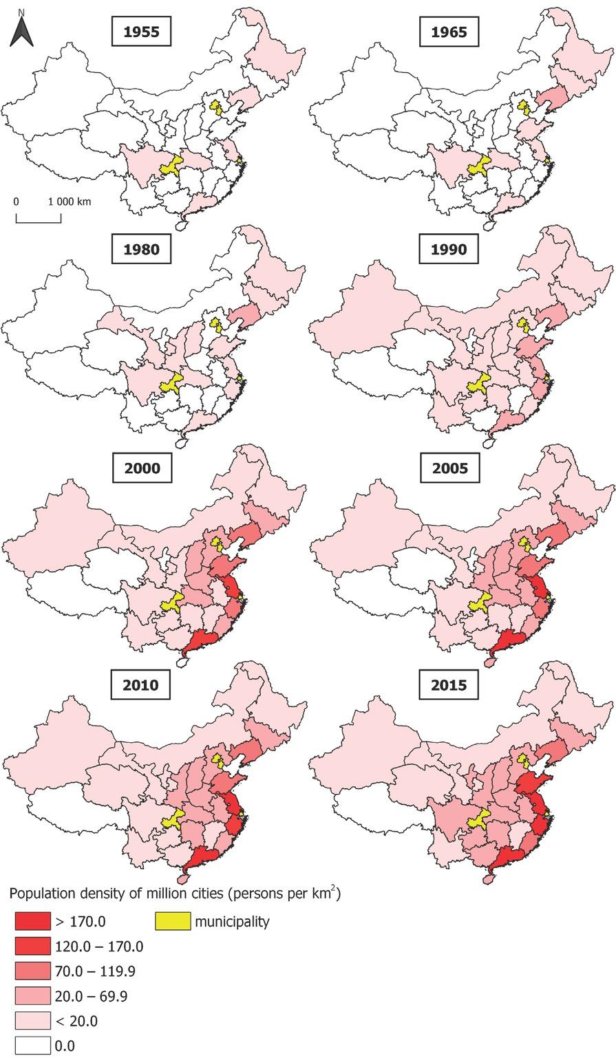 Population density of million cities (persons per km2) in PRC by province, 1955–2015Source: Own study based on: United Nations, Department of Economic and Social Affairs, Population Division 2018, World Urbanization Prospects: The 2018 Revision and National Bureau of Statistics of China 2018