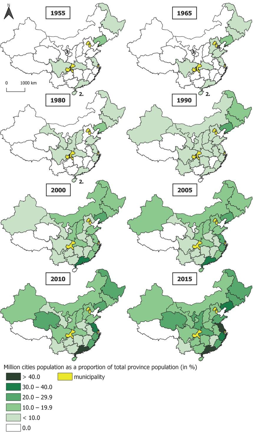 Million city population as a proportion of total province population (in %) in China, 1955–2015 Source: Own study based on: United Nations, Department of Economic and Social Affairs, Population Division 2018, World Urbanization Prospects: The 2018 Revision and National Bureau of Statistics of China 2018Notes: 1. Chongqing during the censuses of 1954, 1964, 1980 and 1990 was part of the Sichuan province; 2. Hainan during the censuses of 1954, 1964 and 1980 was part of the Guangdong province; 3. Ningxia during the census of 1954 and 1964 was part of the Gansu province; 4. Tianjin during the census of 1964 was part of the Hebei province