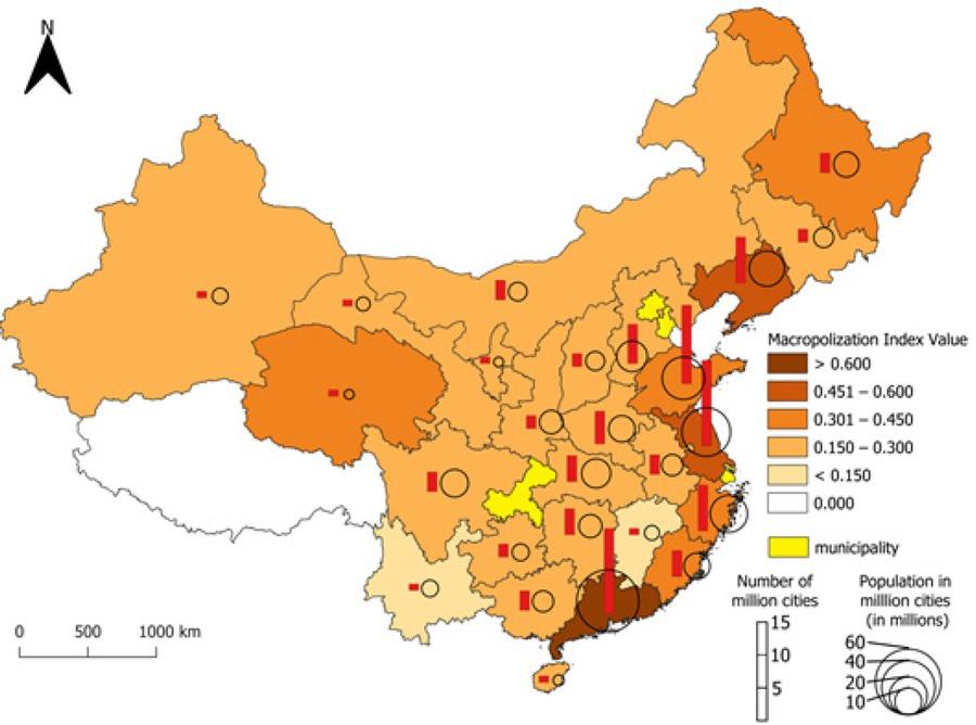 Provinces in China by size of million cities, number of million cities, and macropolization index value, 2015Source: Own study based on: United Nations, Department of Economic and Social Affairs, Population Division 2018, World Urbanization Prospects: The 2018 Revision and National Bureau of Statistics of China 2018