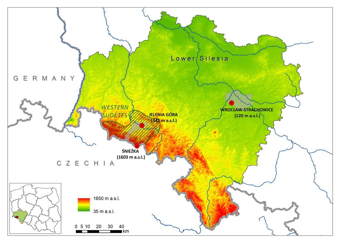 Location of the Wrocław-Strachowice, Jelenia Góra and Śnieżka meteorological stations. Source: own study.