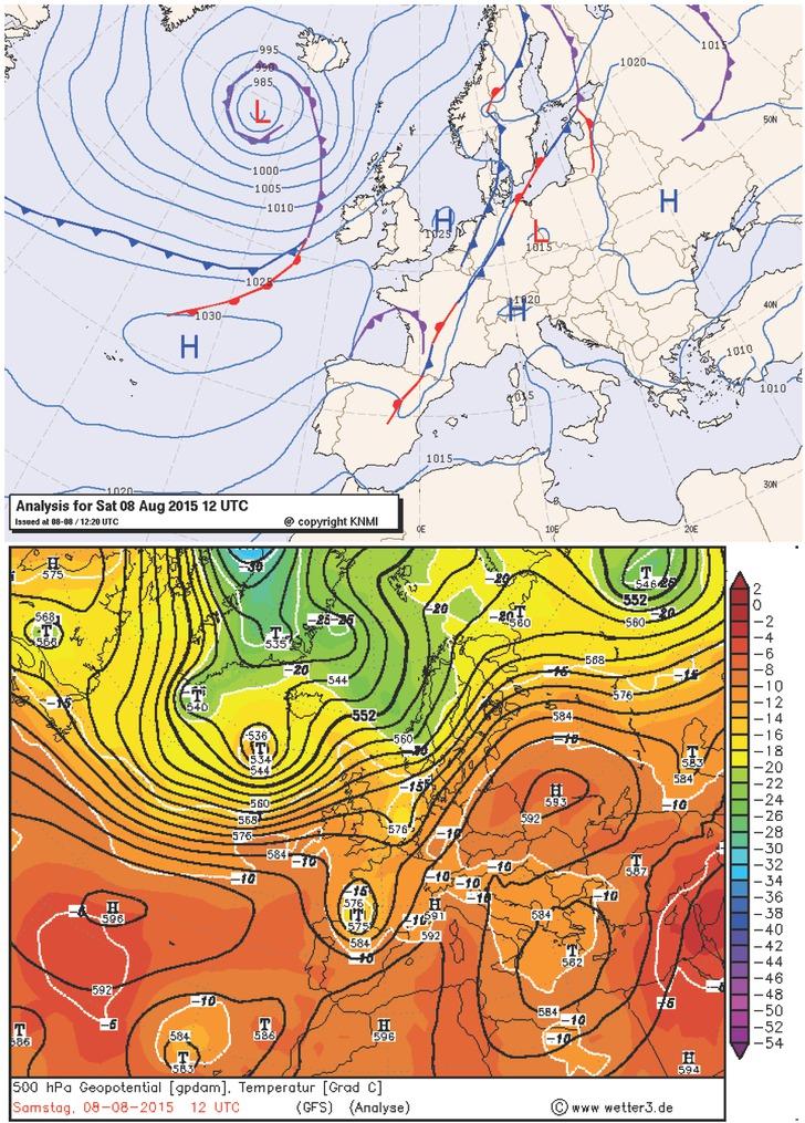 Synoptic situation over Europe on 8 August 2015, including sea level pressure field (left) and isobaric surface of 500 hPa (right). Source: The Royal Netherlands Meteorological Institute ; www.wetter3.de (R. Behrendt, H. Mahlke) (according to the conditions given by the map’s authors)