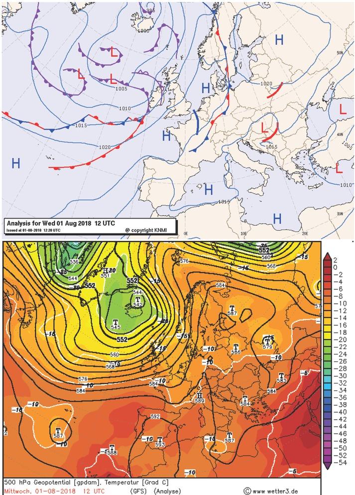 Synoptic situation over Europe on 1 August 2018, including sea level pressure field (left) and isobaric surface of 500 hPa (right). Source: The Royal Netherlands Meteorological Institute ; www.wetter3.de (R. Behrendt, H. Mahlke) (according to the conditions given by the map’s authors)