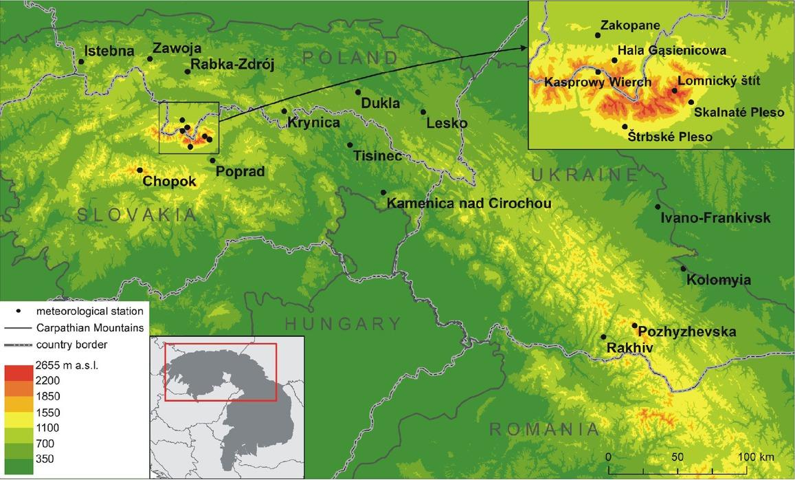 Northern Carpathians – location of meteorological stations used in research; the extent of the northern Carpathians is marked in the red rectangle. Source: produced by author