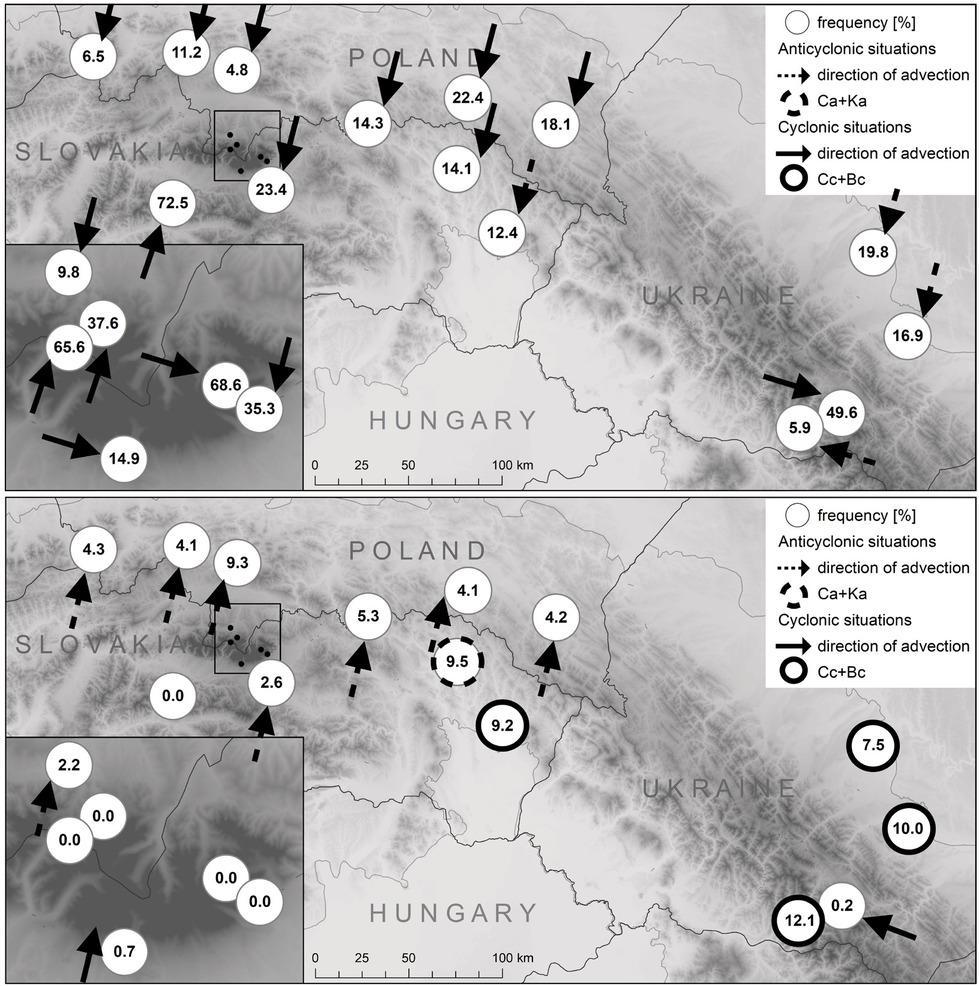 Highest frequency of cold stress days (upper panel) and hot stress days (lower panel) in relation to air circulationSource: produced by author