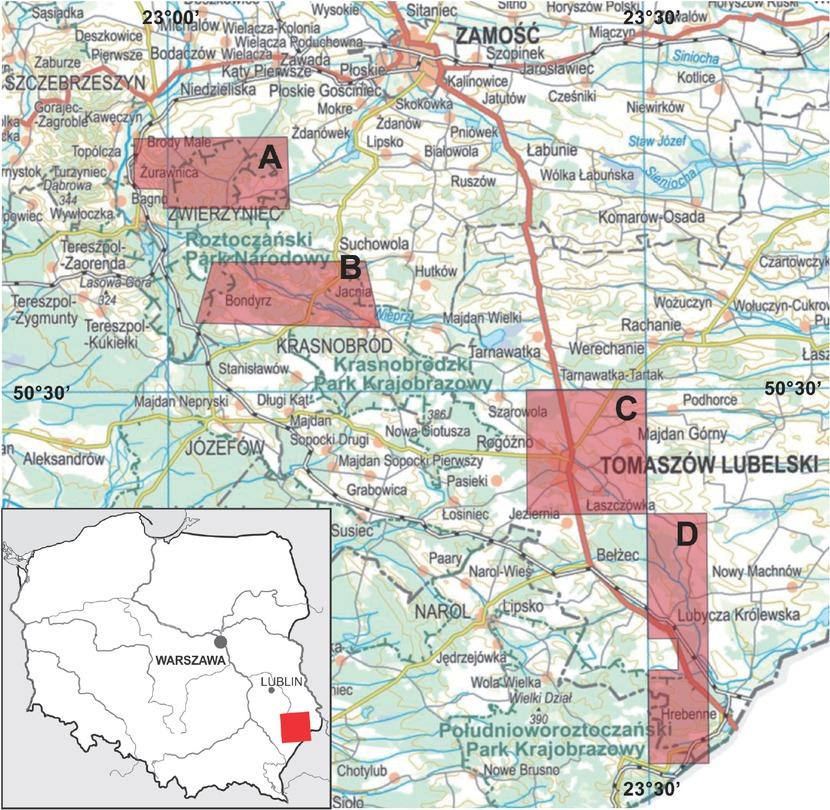 Range of test polygons A, B, C, and DSource: Own work based on the 1:250 000 map from the website – Geoportal 2