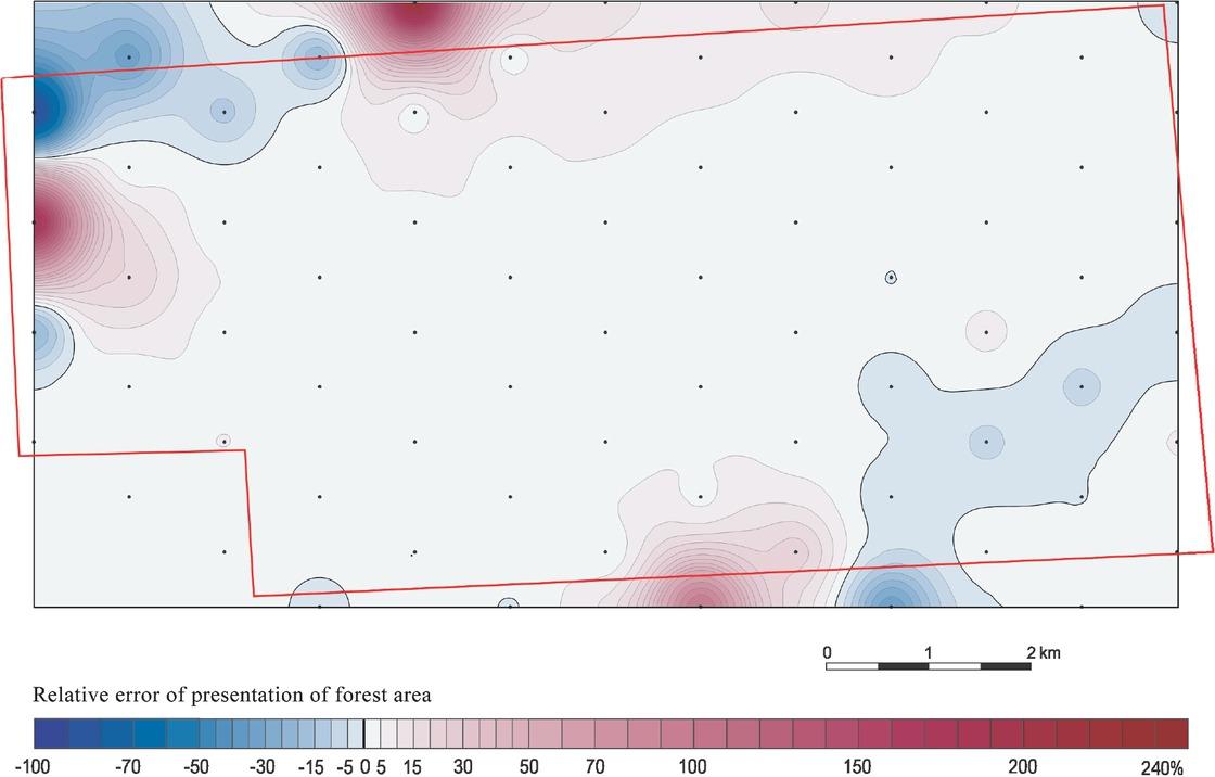 Study polygon A, relative errors for the 1:50 000 GUGIK 65 mapSource: Own work
