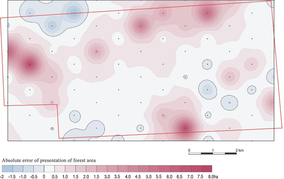 Test polygon A, absolute errors for the 1:50 000 GUGIK 65 mapSource: Own work